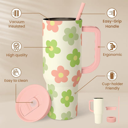 Lemon 40oz Tumbler with Handle and Straw, Insulated Stainless Steel Travel Coffee Mug for Women Girls, Gift Idea for Birthday Christmas Mothers Day Summer Vacation