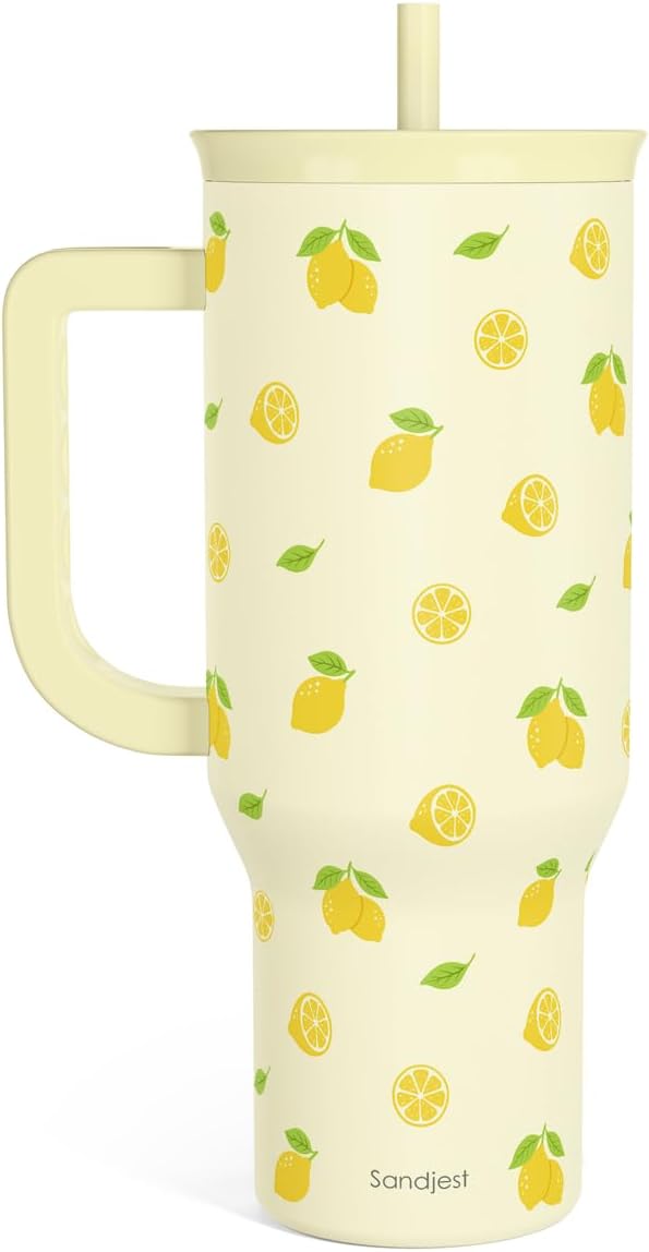 Lemon 40oz Tumbler with Handle and Straw, Insulated Stainless Steel Travel Coffee Mug for Women Girls, Gift Idea for Birthday Christmas Mothers Day Summer Vacation
