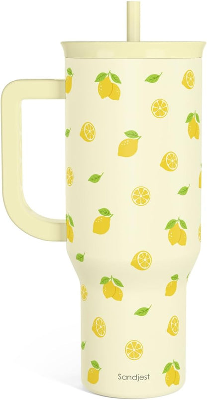 Lemon 40oz Tumbler with Handle and Straw, Insulated Stainless Steel Travel Coffee Mug for Women Girls, Gift Idea for Birthday Christmas Mothers Day Summer Vacation