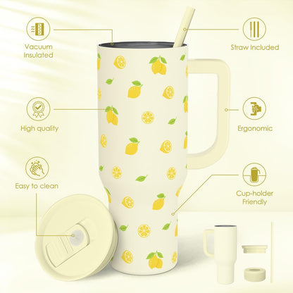 Lemon 40oz Tumbler with Handle and Straw, Insulated Stainless Steel Travel Coffee Mug for Women Girls, Gift Idea for Birthday Christmas Mothers Day Summer Vacation