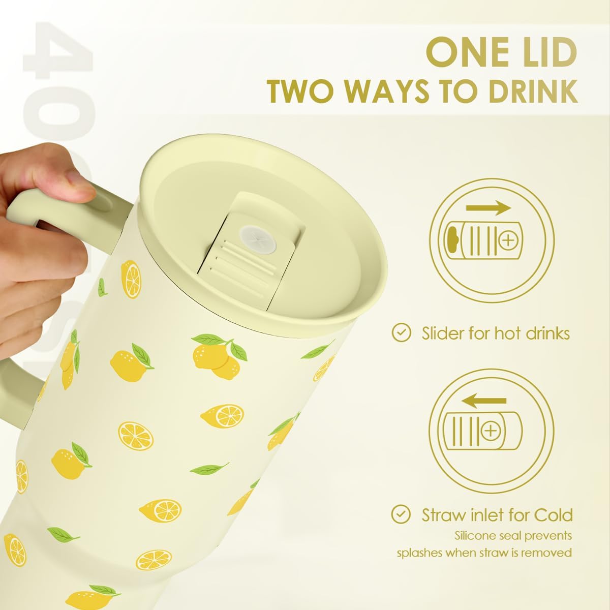 Lemon 40oz Tumbler with Handle and Straw, Insulated Stainless Steel Travel Coffee Mug for Women Girls, Gift Idea for Birthday Christmas Mothers Day Summer Vacation