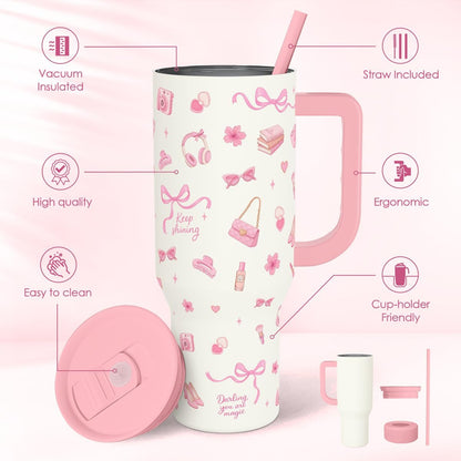 Lemon 40oz Tumbler with Handle and Straw, Insulated Stainless Steel Travel Coffee Mug for Women Girls, Gift Idea for Birthday Christmas Mothers Day Summer Vacation