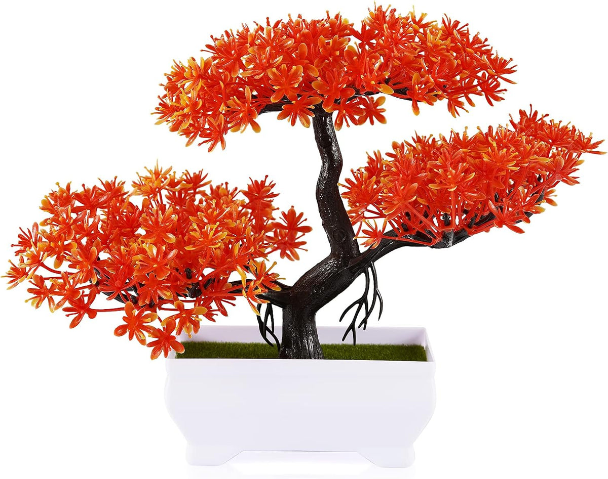 Mini Artificial Bonsai Tree with Cement Pot Home Decor, Orange