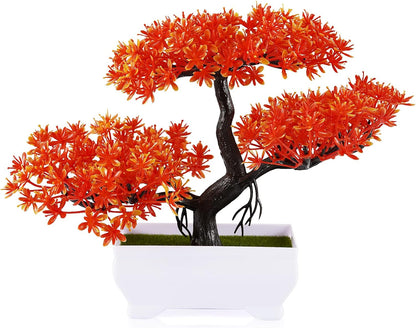 Mini Artificial Bonsai Tree with Cement Pot Home Decor, Orange