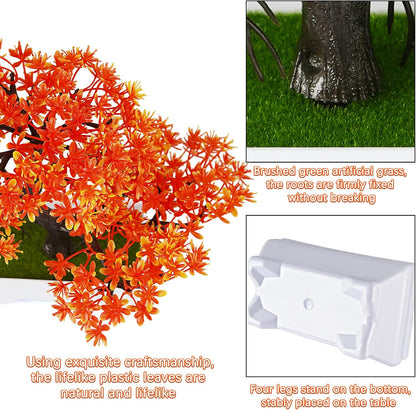 Mini Artificial Bonsai Tree with Cement Pot Home Decor, Orange