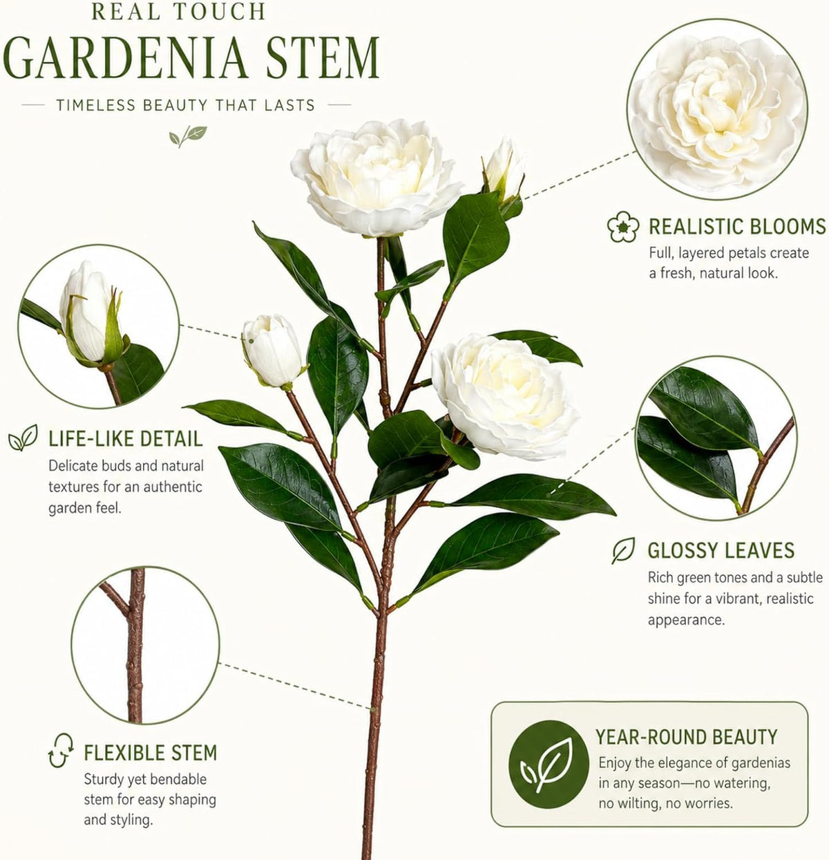 6 Pcs Artificial Gardenia Flowers 4 Heads Fake Gardenia Branches with Stems