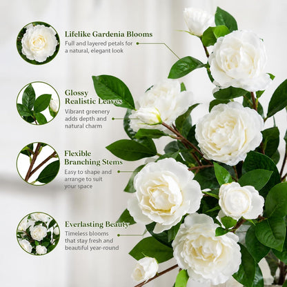 6 Pcs Artificial Gardenia Flowers 4 Heads Fake Gardenia Branches with Stems