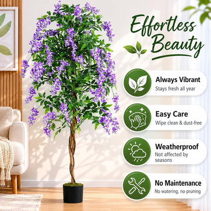 6FT Ficus Artificial Fake Trees, Faux Wisteria Tree with Wood Trunk