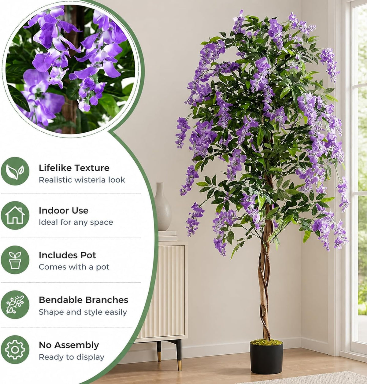 6FT Ficus Artificial Fake Trees, Faux Wisteria Tree with Wood Trunk