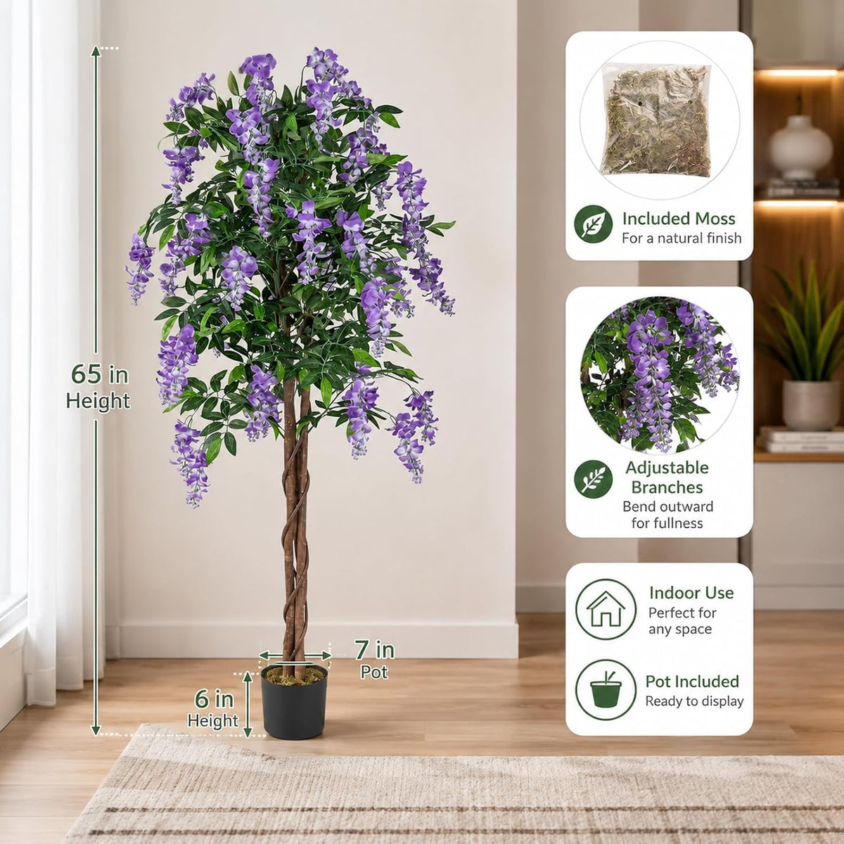 6FT Ficus Artificial Fake Trees, Faux Wisteria Tree with Wood Trunk