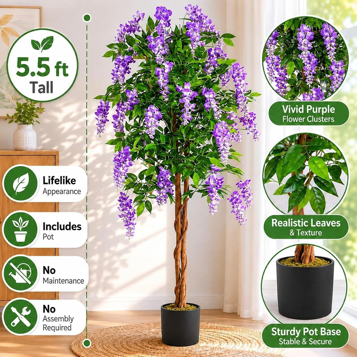 6FT Ficus Artificial Fake Trees, Faux Wisteria Tree with Wood Trunk