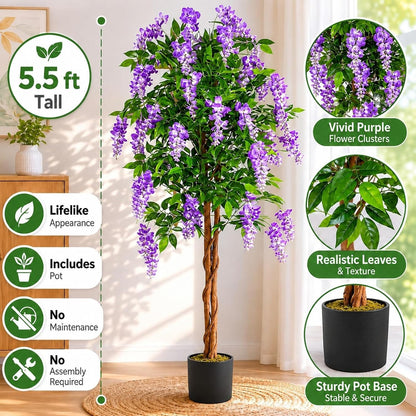 6FT Ficus Artificial Fake Trees, Faux Wisteria Tree with Wood Trunk