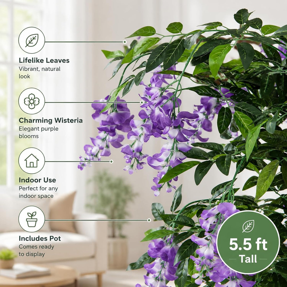 6FT Ficus Artificial Fake Trees, Faux Wisteria Tree with Wood Trunk