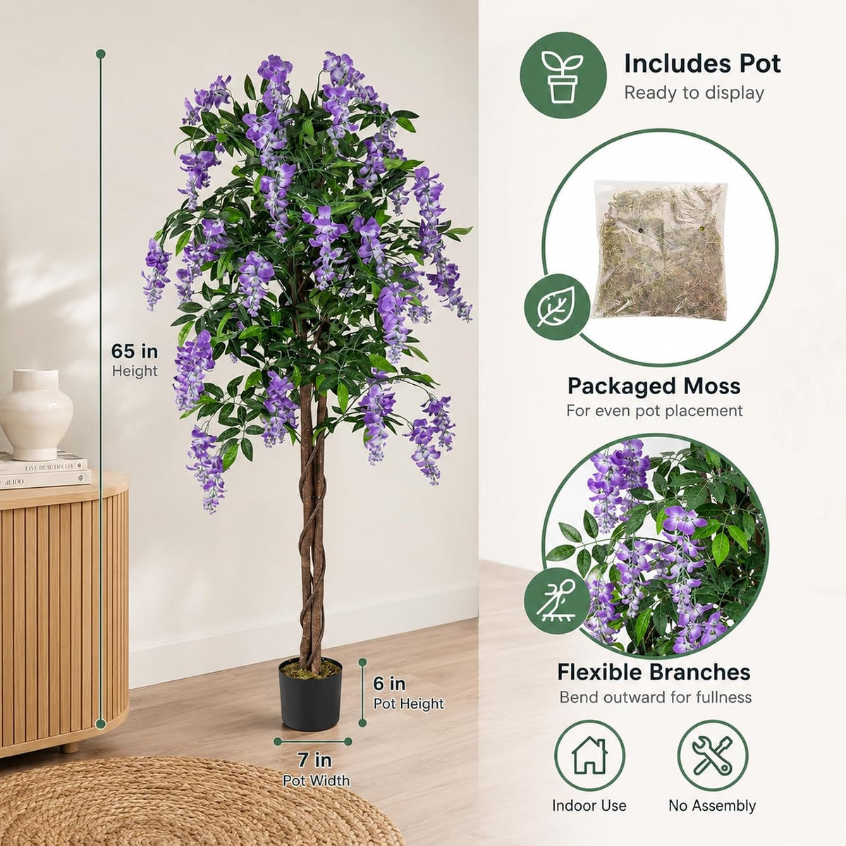 6FT Ficus Artificial Fake Trees, Faux Wisteria Tree with Wood Trunk
