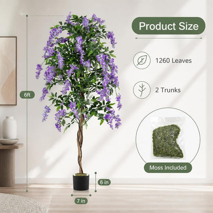 6FT Ficus Artificial Fake Trees, Faux Wisteria Tree with Wood Trunk