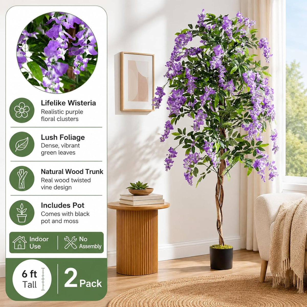 6FT Ficus Artificial Fake Trees, Faux Wisteria Tree with Wood Trunk