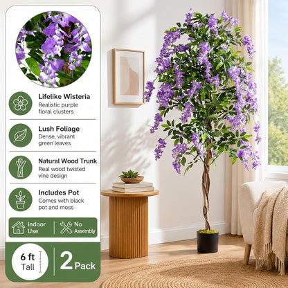 6FT Ficus Artificial Fake Trees, Faux Wisteria Tree with Wood Trunk