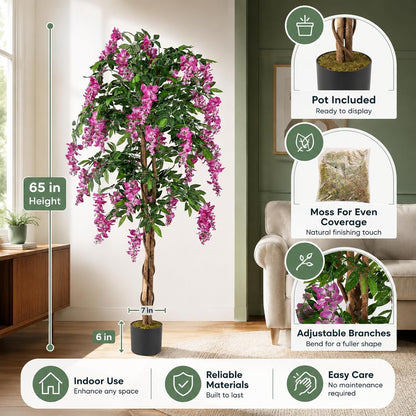 6FT Ficus Artificial Fake Trees, Faux Wisteria Tree with Wood Trunk