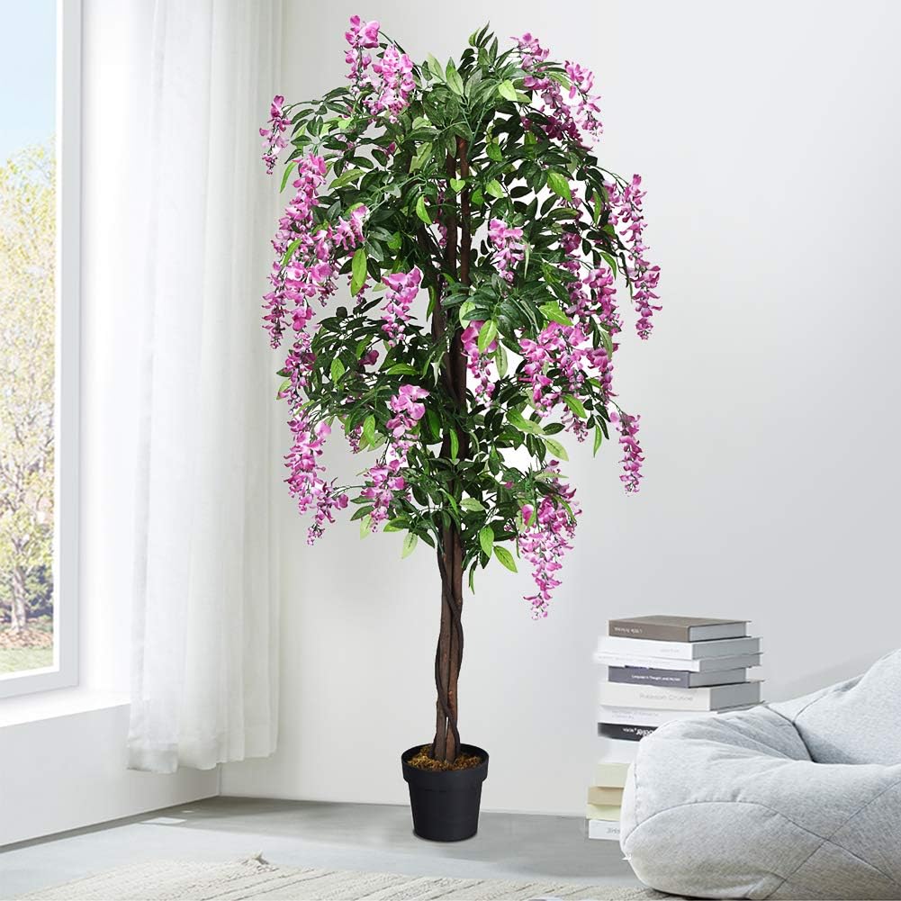 6FT Ficus Artificial Fake Trees, Faux Wisteria Tree with Wood Trunk