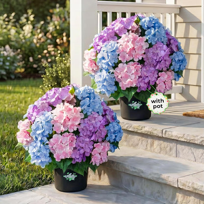 2 Potted Pink Hydrangea Artificial Flowers, Faux Hydrangea Outdoor | 22" High & 22" wide with Pots, No Assembly Needed, Faux Hydrangea Bush for Porch, Garden, Patio, Balcony, Home Decor