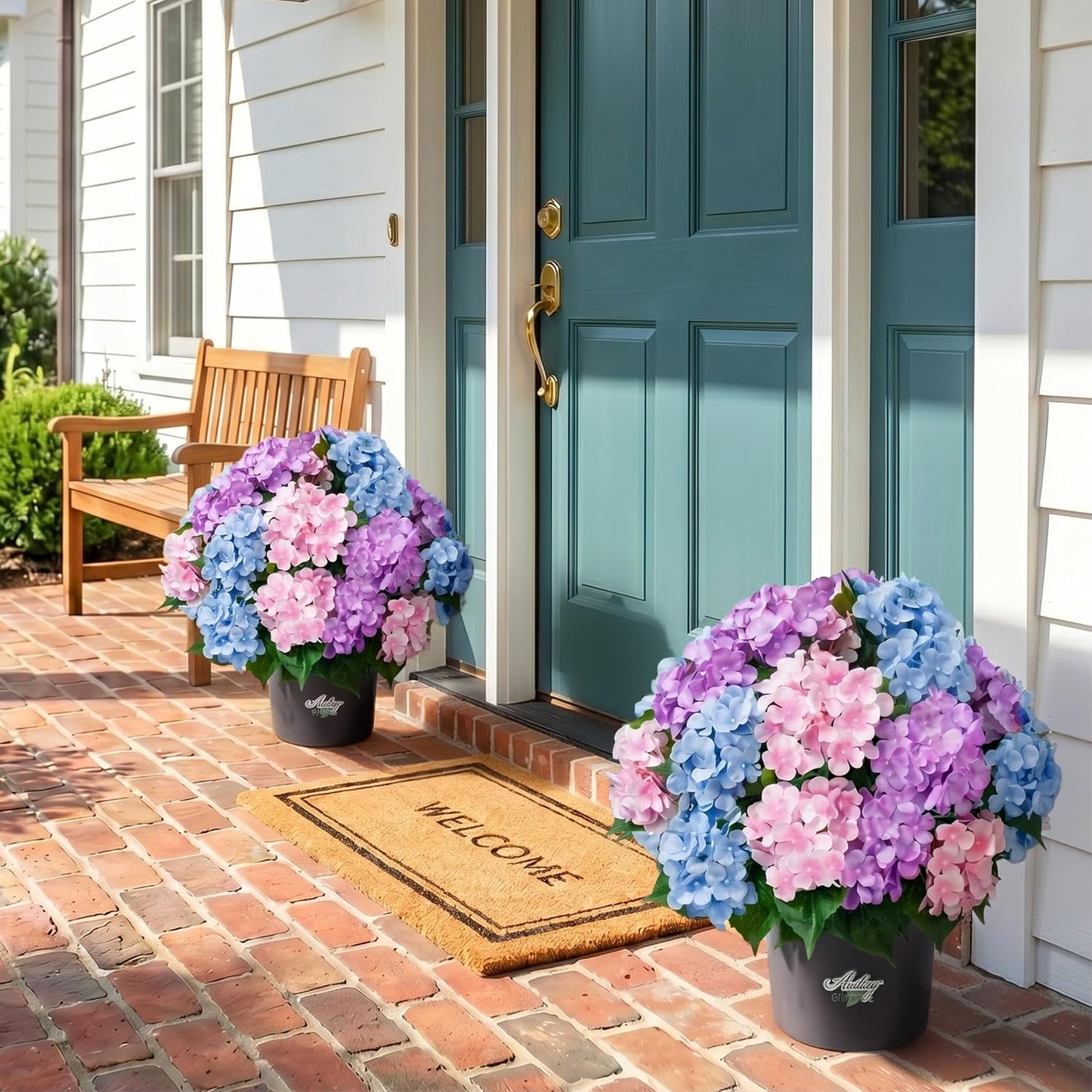 2 Potted Pink Hydrangea Artificial Flowers, Faux Hydrangea Outdoor | 22" High & 22" wide with Pots, No Assembly Needed, Faux Hydrangea Bush for Porch, Garden, Patio, Balcony, Home Decor