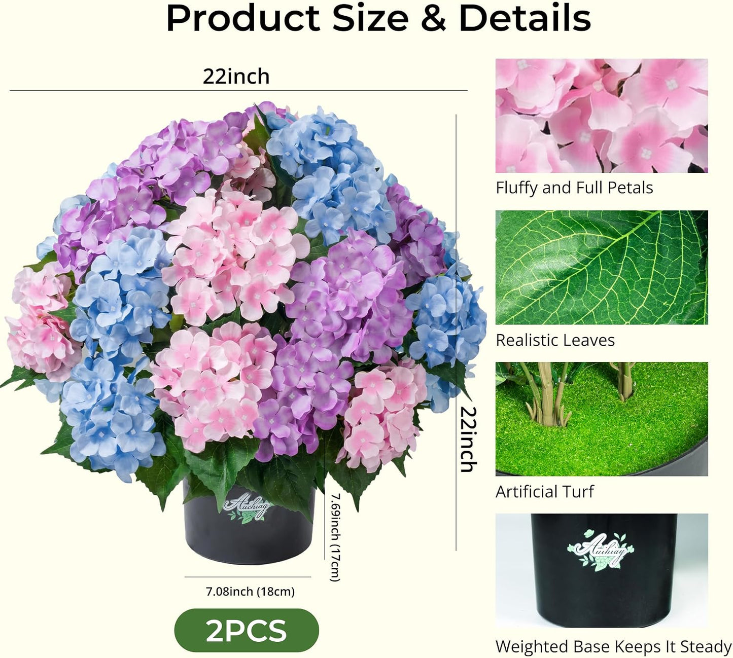 2 Potted Pink Hydrangea Artificial Flowers, Faux Hydrangea Outdoor | 22" High & 22" wide with Pots, No Assembly Needed, Faux Hydrangea Bush for Porch, Garden, Patio, Balcony, Home Decor