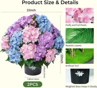 2 Potted Pink Hydrangea Artificial Flowers, Faux Hydrangea Outdoor | 22" High & 22" wide with Pots, No Assembly Needed, Faux Hydrangea Bush for Porch, Garden, Patio, Balcony, Home Decor