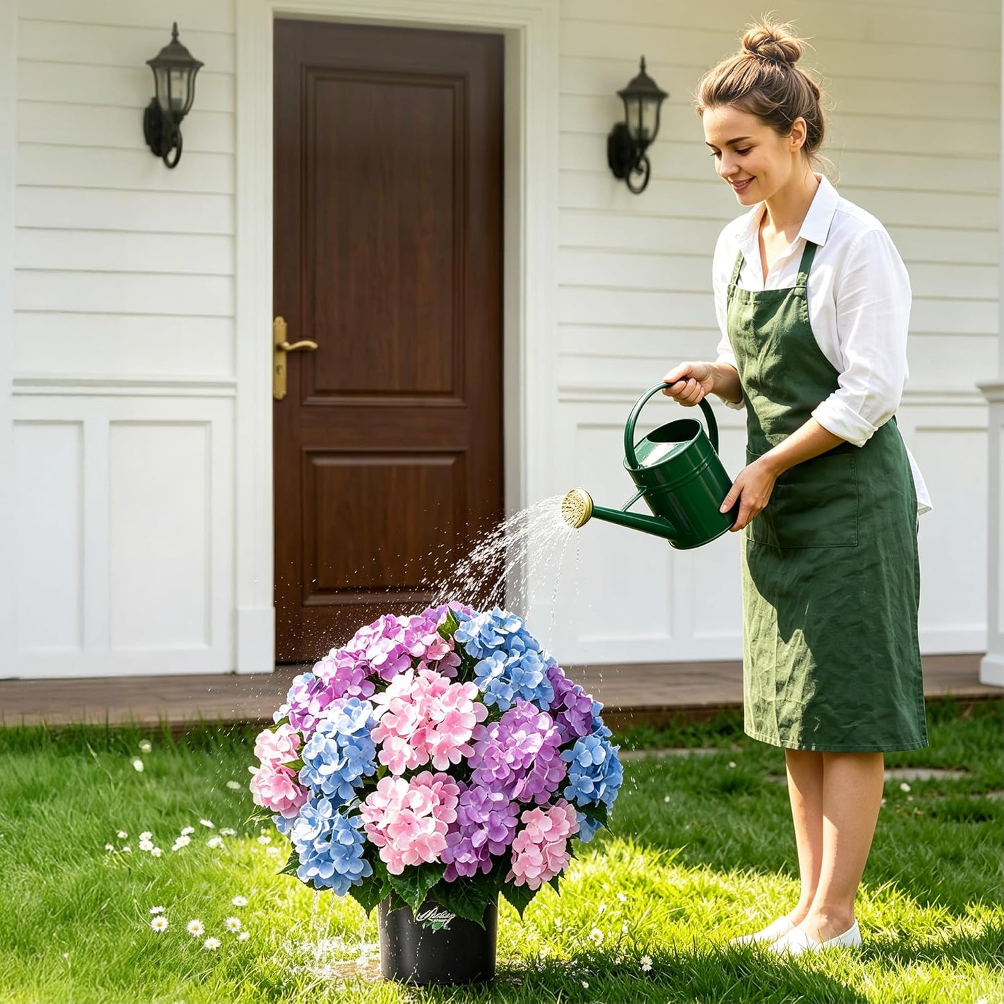 2 Potted Pink Hydrangea Artificial Flowers, Faux Hydrangea Outdoor | 22" High & 22" wide with Pots, No Assembly Needed, Faux Hydrangea Bush for Porch, Garden, Patio, Balcony, Home Decor