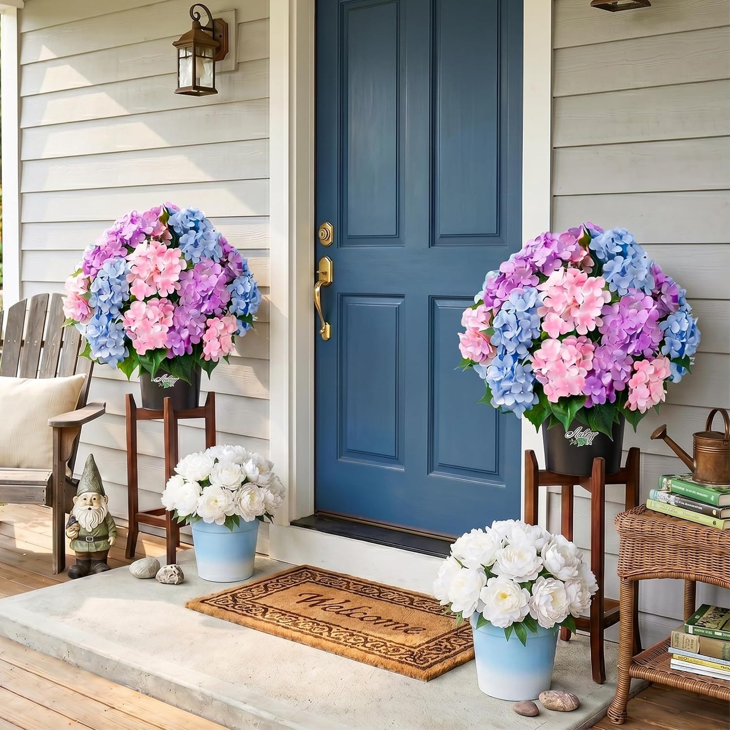 2 Potted Pink Hydrangea Artificial Flowers, Faux Hydrangea Outdoor | 22" High & 22" wide with Pots, No Assembly Needed, Faux Hydrangea Bush for Porch, Garden, Patio, Balcony, Home Decor