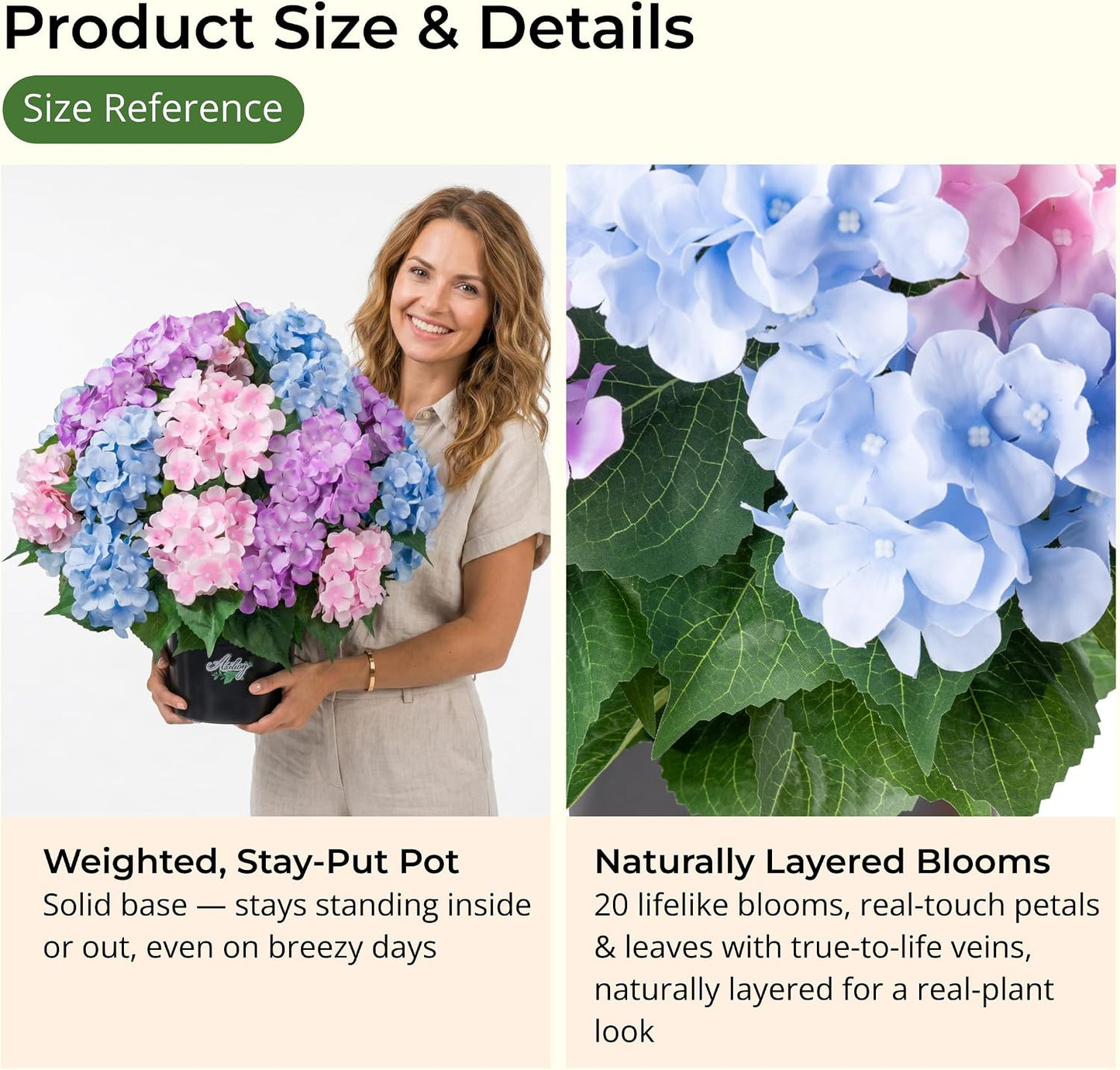 2 Potted Pink Hydrangea Artificial Flowers, Faux Hydrangea Outdoor | 22" High & 22" wide with Pots, No Assembly Needed, Faux Hydrangea Bush for Porch, Garden, Patio, Balcony, Home Decor