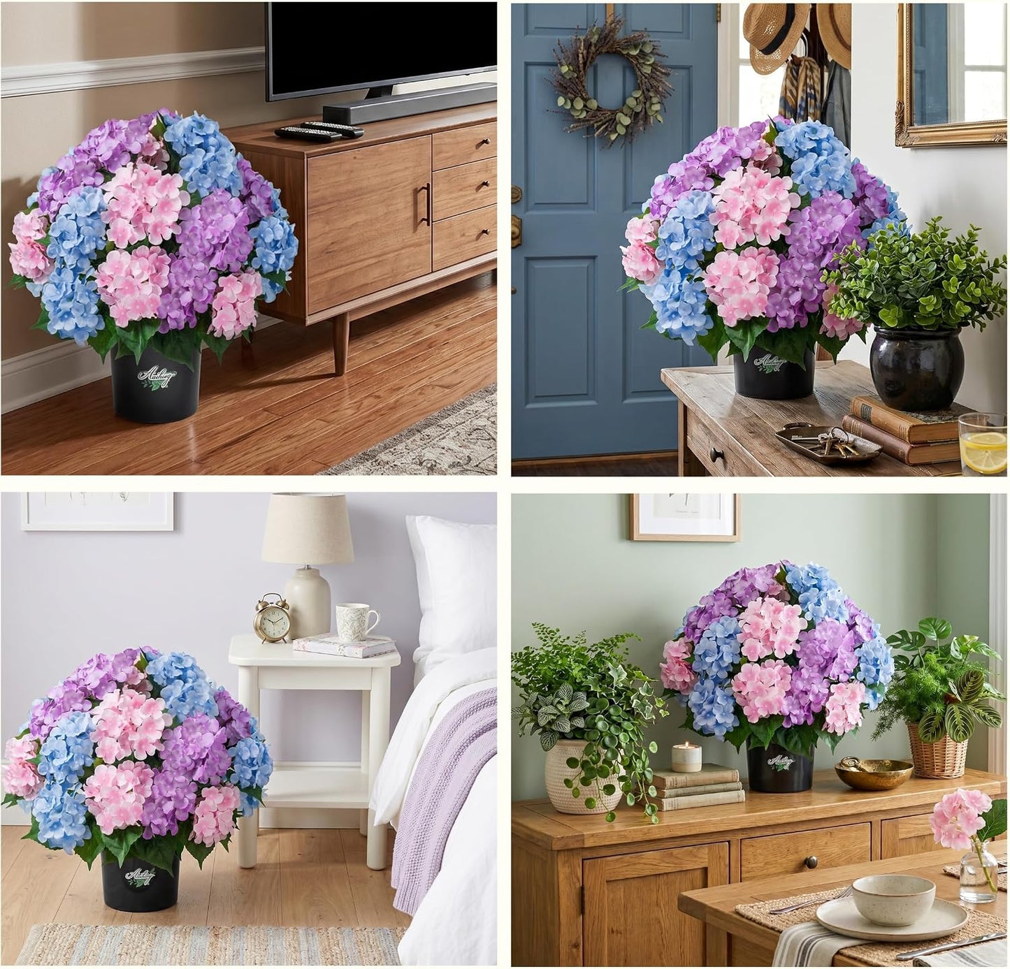 2 Potted Pink Hydrangea Artificial Flowers, Faux Hydrangea Outdoor | 22" High & 22" wide with Pots, No Assembly Needed, Faux Hydrangea Bush for Porch, Garden, Patio, Balcony, Home Decor