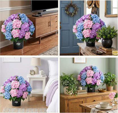 2 Potted Pink Hydrangea Artificial Flowers, Faux Hydrangea Outdoor | 22" High & 22" wide with Pots, No Assembly Needed, Faux Hydrangea Bush for Porch, Garden, Patio, Balcony, Home Decor