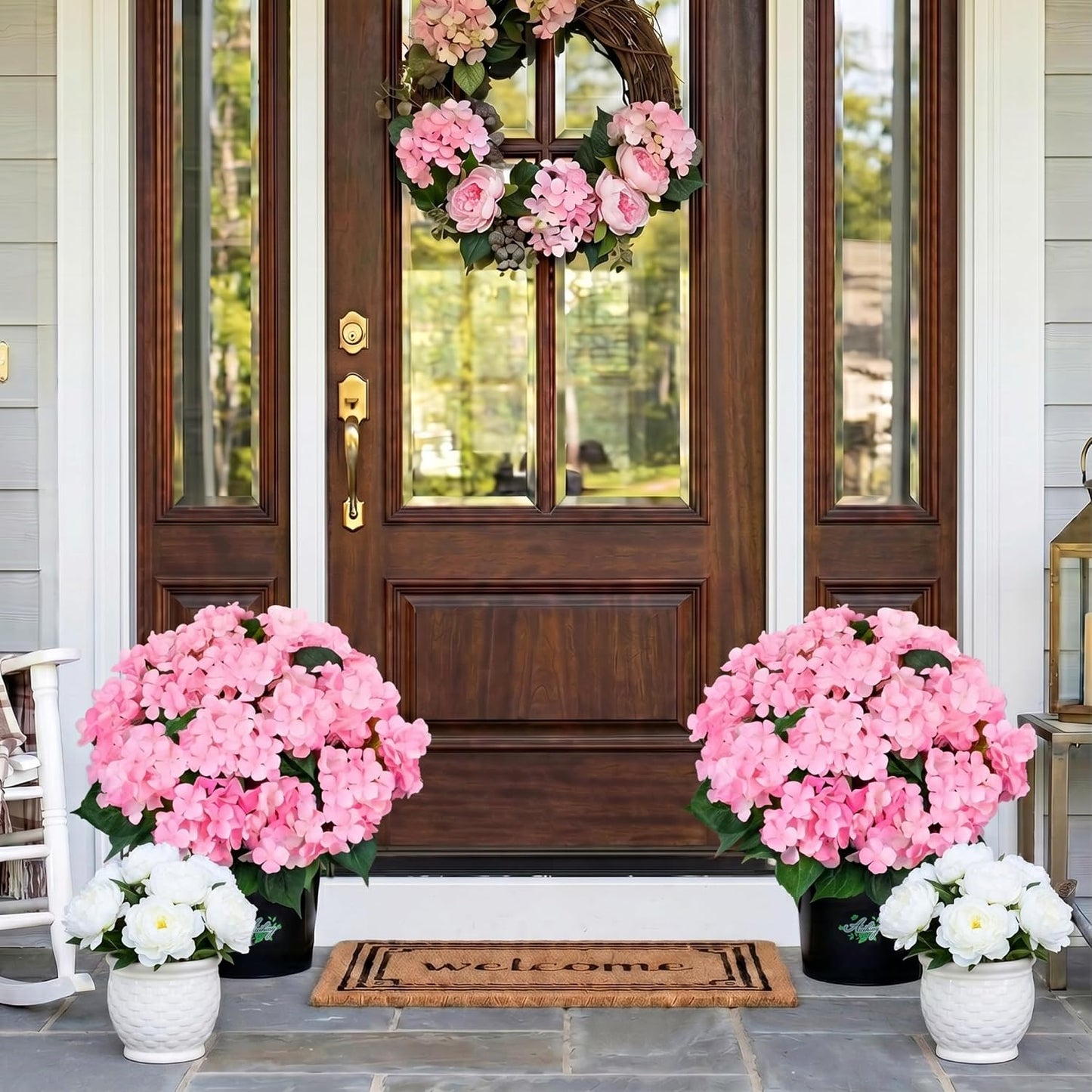 2 Potted Pink Hydrangea Artificial Flowers, Faux Hydrangea Outdoor | 22" High & 22" wide with Pots, No Assembly Needed, Faux Hydrangea Bush for Porch, Garden, Patio, Balcony, Home Decor