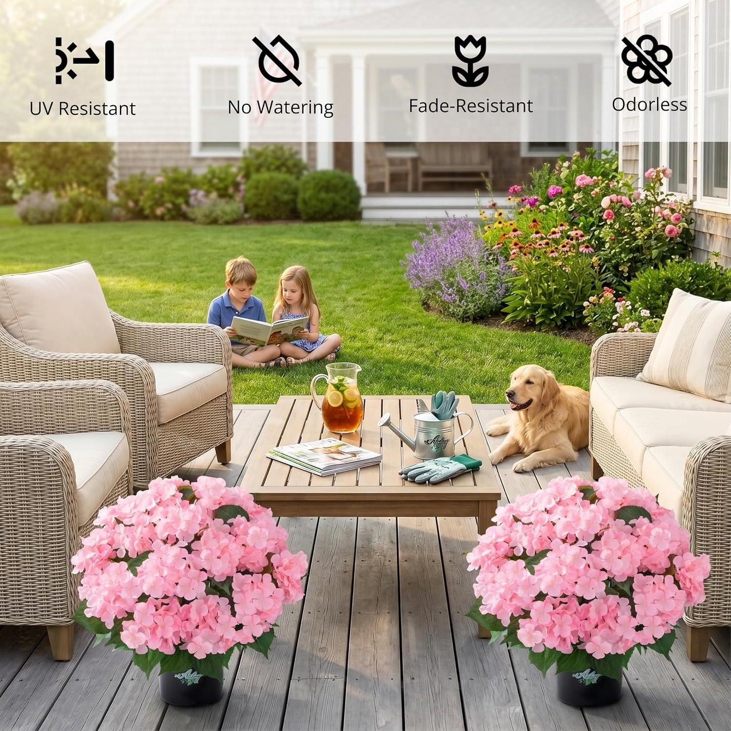 2 Potted Pink Hydrangea Artificial Flowers, Faux Hydrangea Outdoor | 22" High & 22" wide with Pots, No Assembly Needed, Faux Hydrangea Bush for Porch, Garden, Patio, Balcony, Home Decor