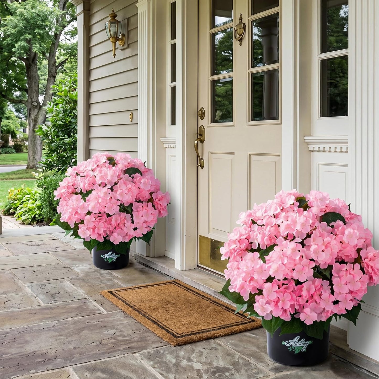 2 Potted Pink Hydrangea Artificial Flowers, Faux Hydrangea Outdoor | 22" High & 22" wide with Pots, No Assembly Needed, Faux Hydrangea Bush for Porch, Garden, Patio, Balcony, Home Decor
