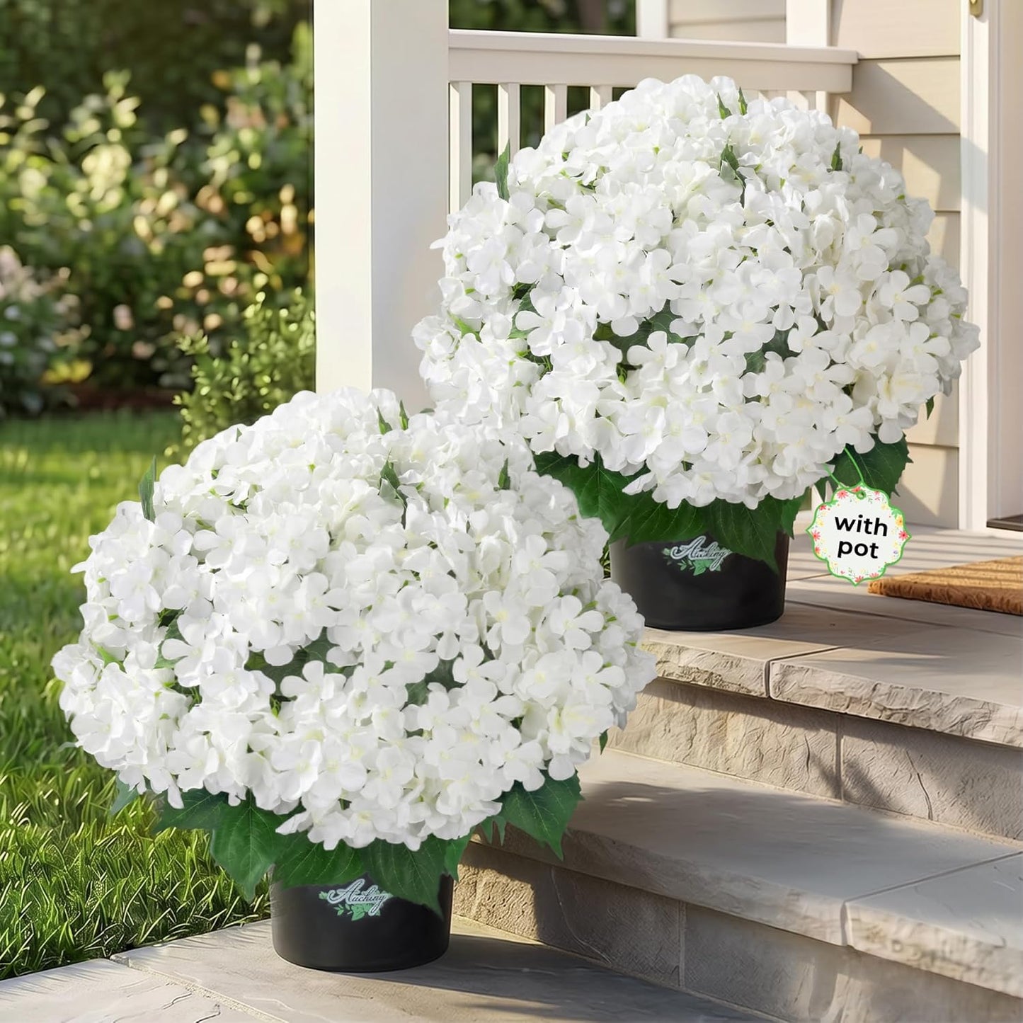 2 Potted Pink Hydrangea Artificial Flowers, Faux Hydrangea Outdoor | 22" High & 22" wide with Pots, No Assembly Needed, Faux Hydrangea Bush for Porch, Garden, Patio, Balcony, Home Decor