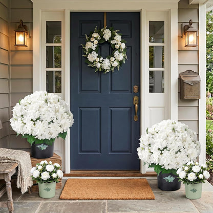 2 Potted Pink Hydrangea Artificial Flowers, Faux Hydrangea Outdoor | 22" High & 22" wide with Pots, No Assembly Needed, Faux Hydrangea Bush for Porch, Garden, Patio, Balcony, Home Decor