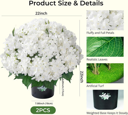 2 Potted Pink Hydrangea Artificial Flowers, Faux Hydrangea Outdoor | 22" High & 22" wide with Pots, No Assembly Needed, Faux Hydrangea Bush for Porch, Garden, Patio, Balcony, Home Decor