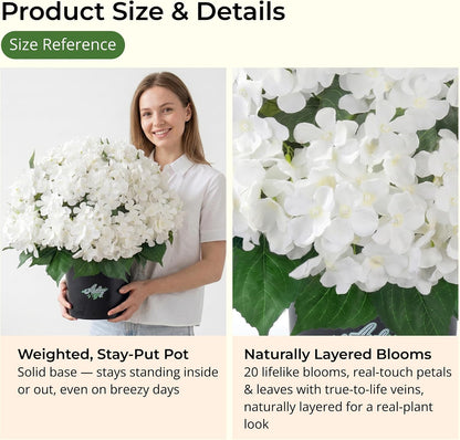 2 Potted Pink Hydrangea Artificial Flowers, Faux Hydrangea Outdoor | 22" High & 22" wide with Pots, No Assembly Needed, Faux Hydrangea Bush for Porch, Garden, Patio, Balcony, Home Decor