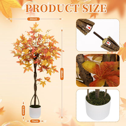 Artificial Maple Tree, 4FT Orange Potted Fake Plants Autumn Decoration Fall Tree for Home Office Party, Thanksgiving Halloween, Outdoor Indoor Porch Entryway