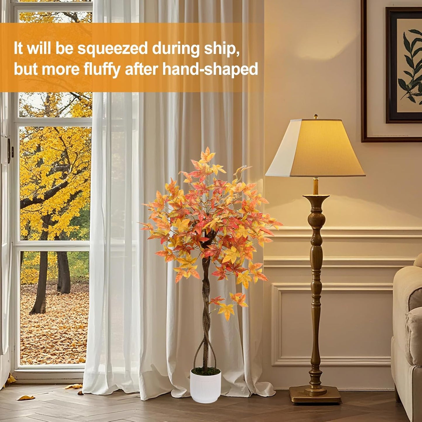 Artificial Maple Tree, 4FT Orange Potted Fake Plants Autumn Decoration Fall Tree for Home Office Party, Thanksgiving Halloween, Outdoor Indoor Porch Entryway