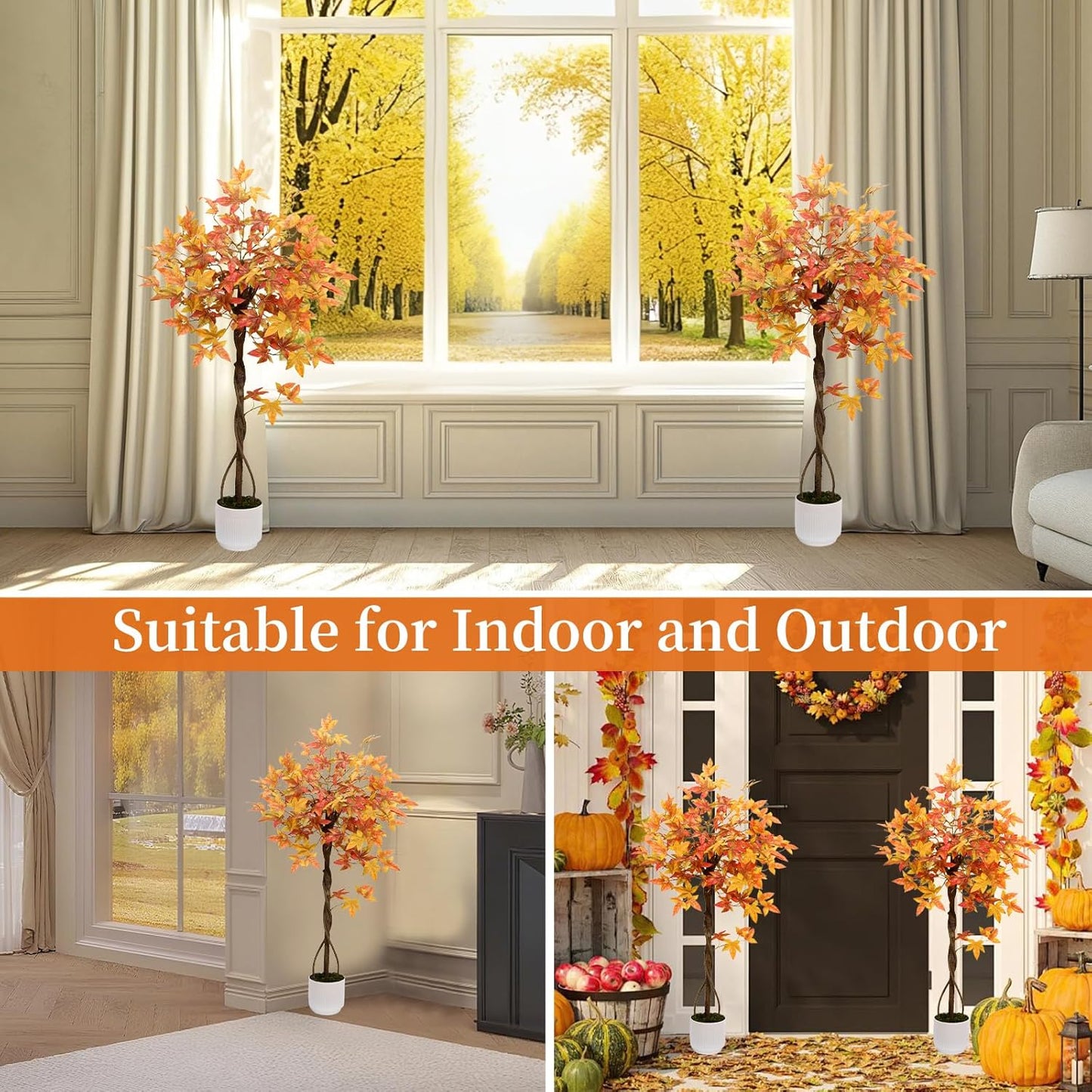 Artificial Maple Tree, 4FT Orange Potted Fake Plants Autumn Decoration Fall Tree for Home Office Party, Thanksgiving Halloween, Outdoor Indoor Porch Entryway