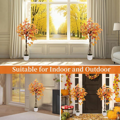 Artificial Maple Tree, 4FT Orange Potted Fake Plants Autumn Decoration Fall Tree for Home Office Party, Thanksgiving Halloween, Outdoor Indoor Porch Entryway