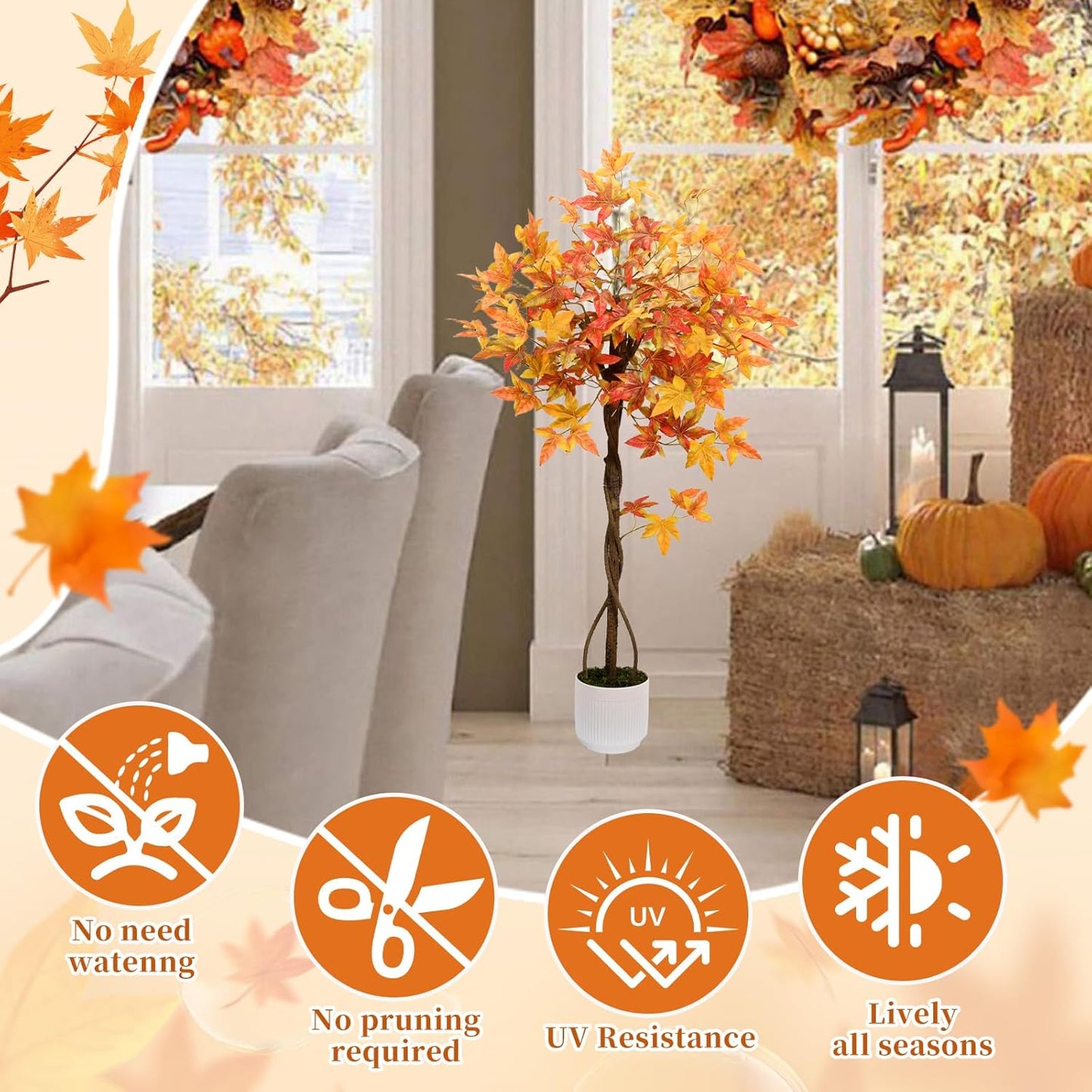 Artificial Maple Tree, 4FT Orange Potted Fake Plants Autumn Decoration Fall Tree for Home Office Party, Thanksgiving Halloween, Outdoor Indoor Porch Entryway