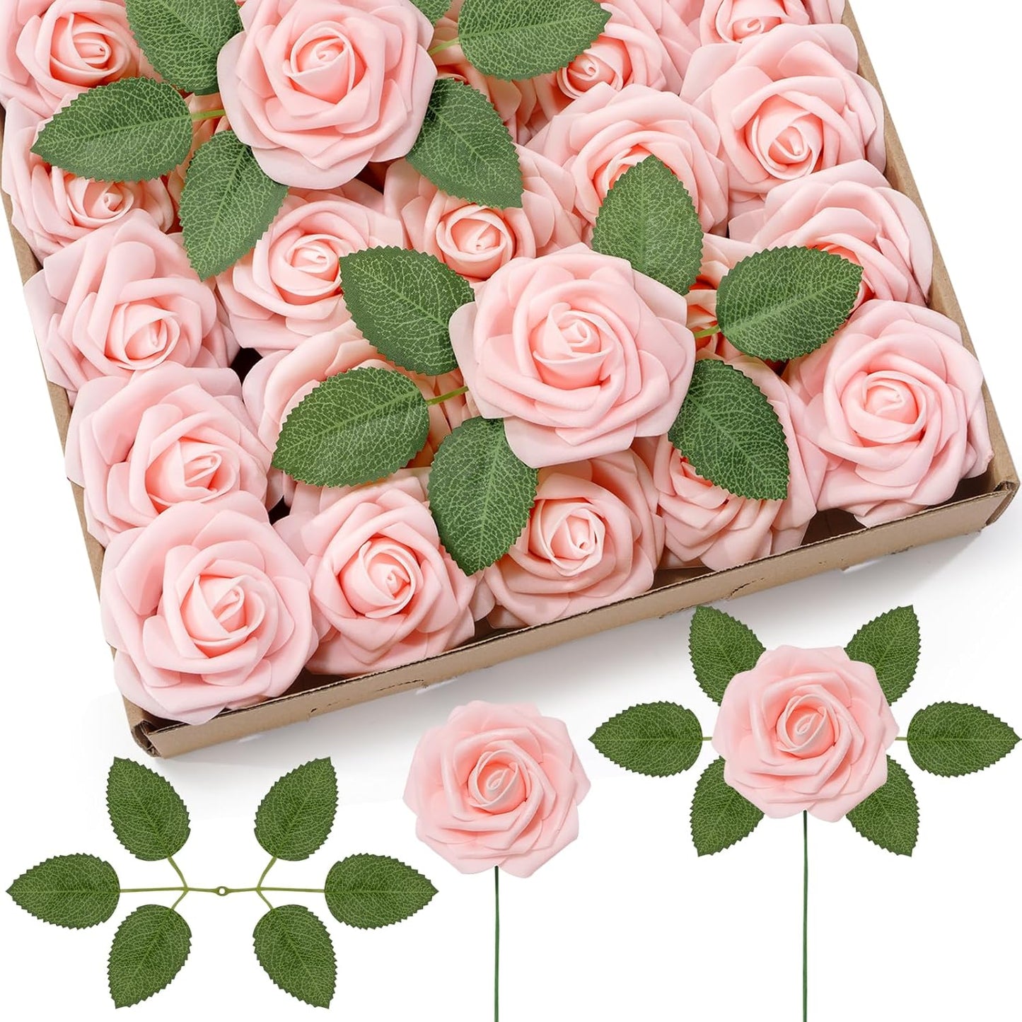 Artificial Flowers, 25 Pcs Dark Red Foam Real Looking Roses with Stems, Fake Roses for DIY Wedding Bouquets, Centerpieces Arrangements, Valentine Decorations