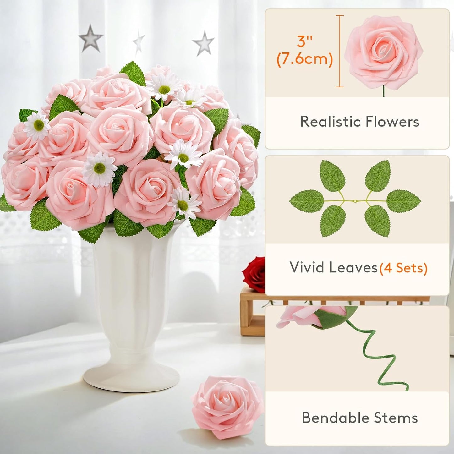 Artificial Flowers, 25 Pcs Dark Red Foam Real Looking Roses with Stems, Fake Roses for DIY Wedding Bouquets, Centerpieces Arrangements, Valentine Decorations