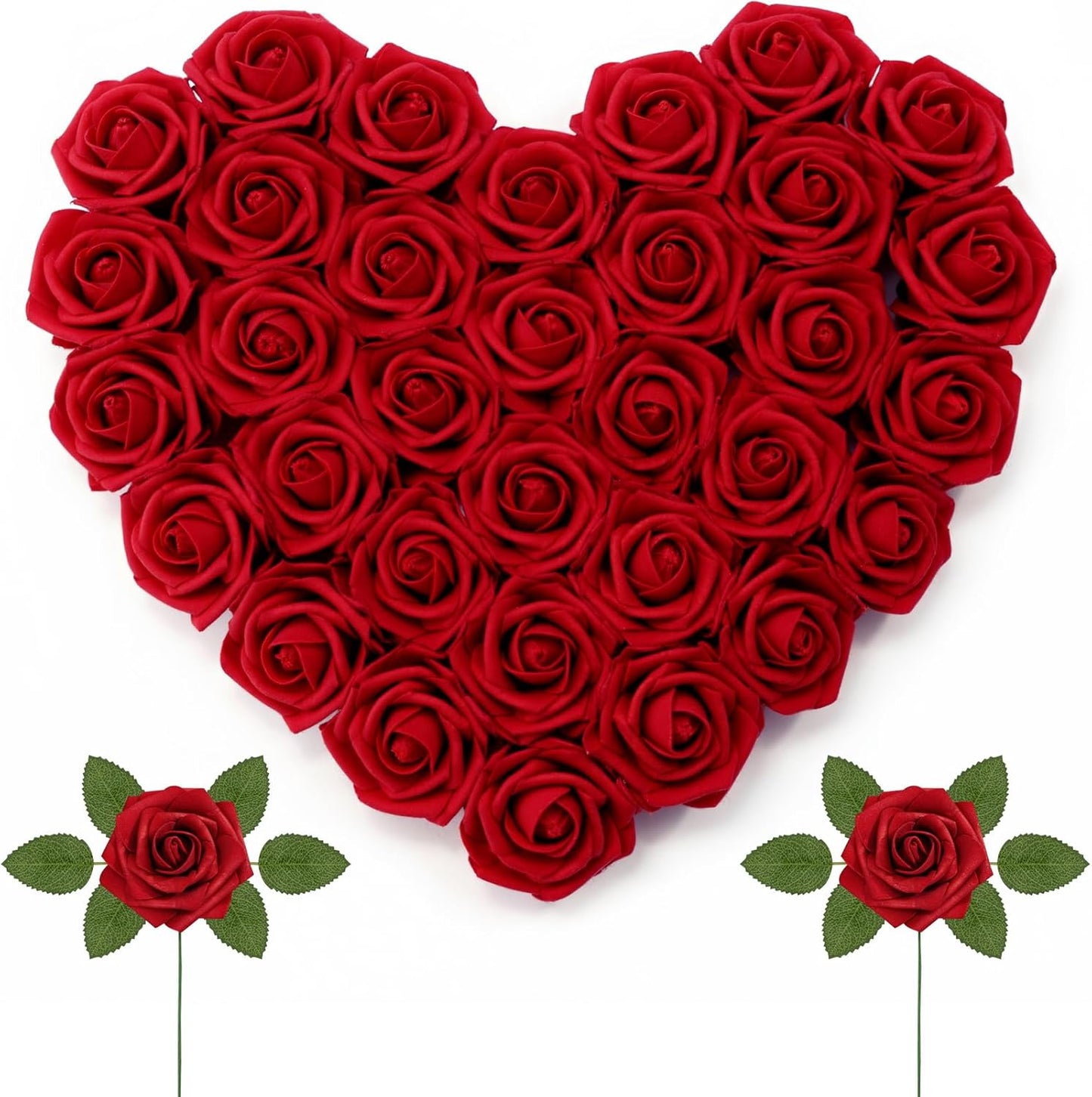Artificial Flowers, 25 Pcs Dark Red Foam Real Looking Roses with Stems, Fake Roses for DIY Wedding Bouquets, Centerpieces Arrangements, Valentine Decorations