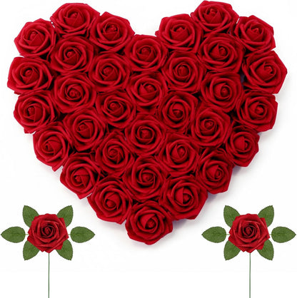 Artificial Flowers, 25 Pcs Dark Red Foam Real Looking Roses with Stems, Fake Roses for DIY Wedding Bouquets, Centerpieces Arrangements, Valentine Decorations