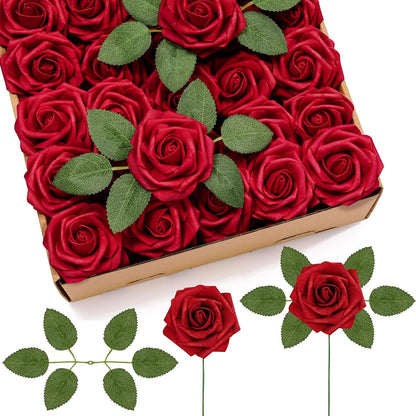 Artificial Flowers, 25 Pcs Dark Red Foam Real Looking Roses with Stems, Fake Roses for DIY Wedding Bouquets, Centerpieces Arrangements, Valentine Decorations
