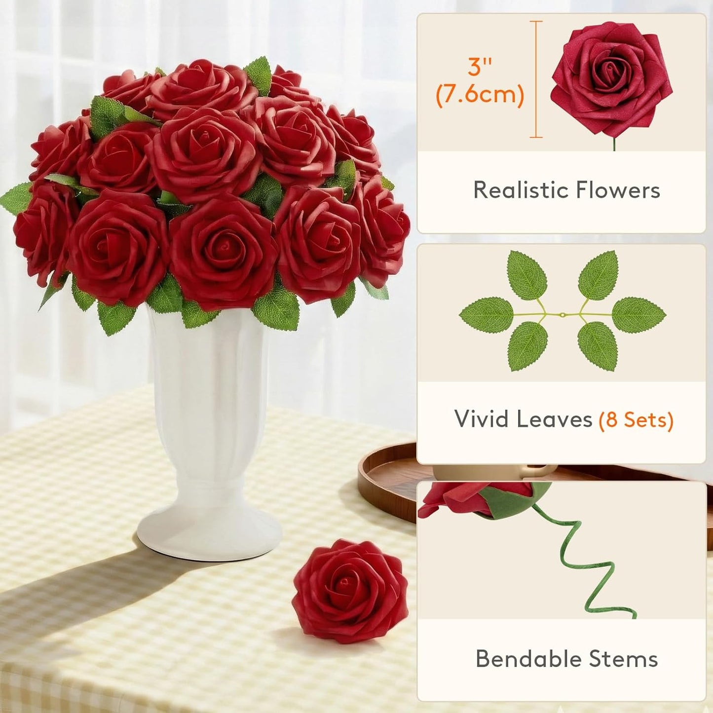 Artificial Flowers, 25 Pcs Dark Red Foam Real Looking Roses with Stems, Fake Roses for DIY Wedding Bouquets, Centerpieces Arrangements, Valentine Decorations